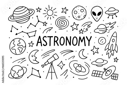 Doodle space astronomy elements: planets, telescopes, aliens, rockets, and more