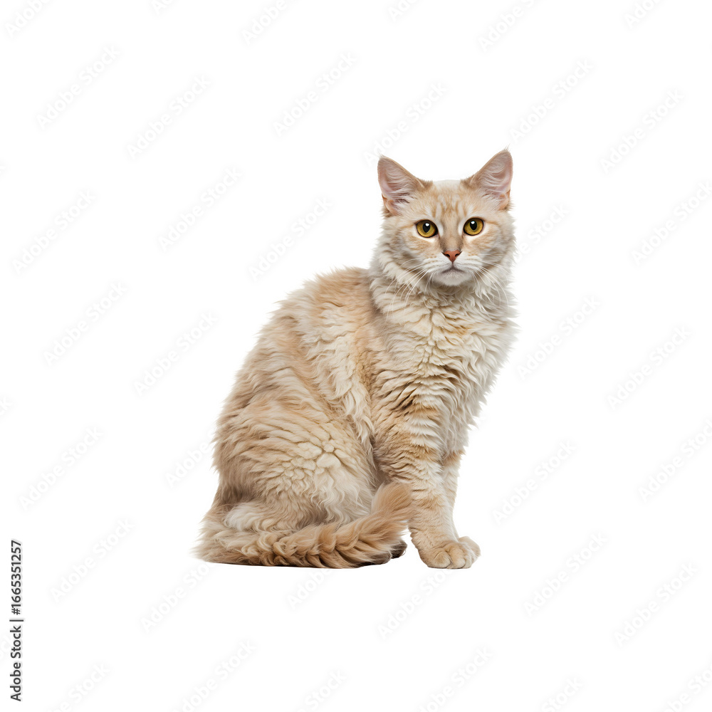 Obraz premium Cute Fluffy Cream-Colored Cat Sitting Isolated on Wite Background – Adorable Pet Portrait Concept