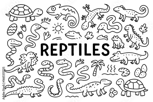 Hand drawn reptiles doodle collection featuring snakes, lizards, turtles, and crocodiles