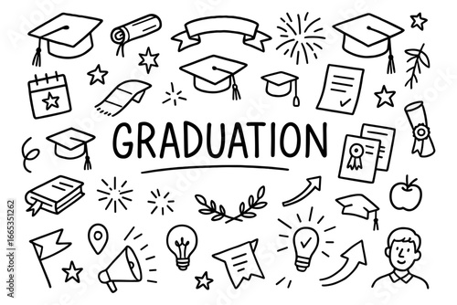 Hand-drawn graduation doodles with caps, certificates, and celebratory symbols