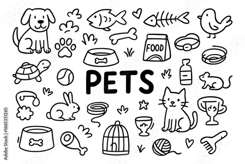 Hand-drawn pet icons collection featuring dogs, cats, and accessories in black and white doodle style