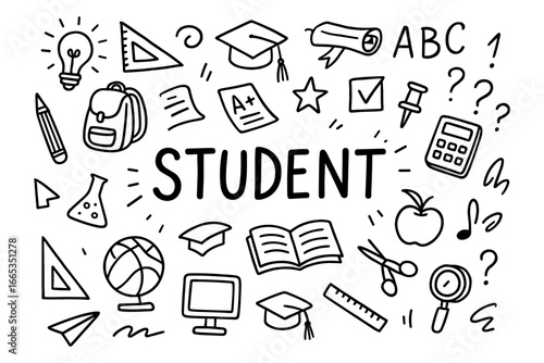 Doodle style educational icons featuring student life and school supplies