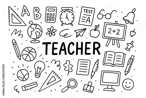 School supplies and education tools doodle set with teacher text