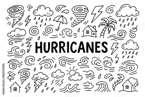 Hurricane doodle art: storm elements including tornado, lightning, and waves