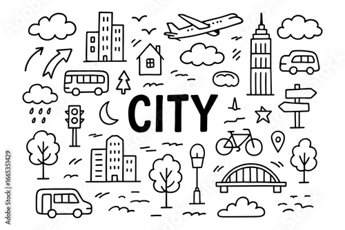 Urban cityscape doodle with buildings, transport, and nature elements in simple black and white