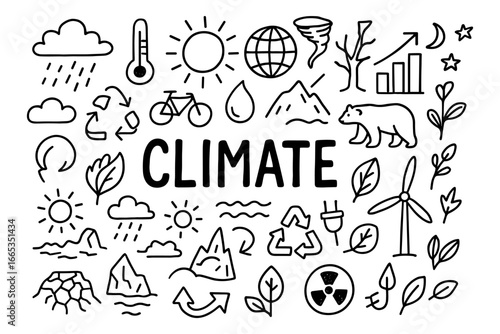 Climate change doodle set: eco and weather icons in hand-drawn style