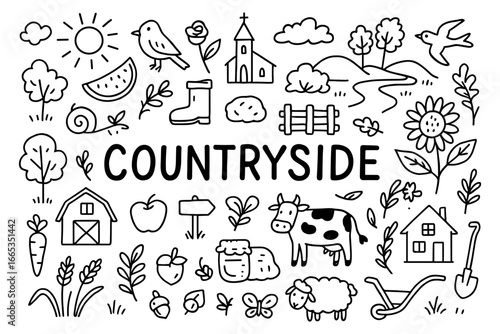 Charming countryside doodle set: nature, animals, and farm life in rustic style