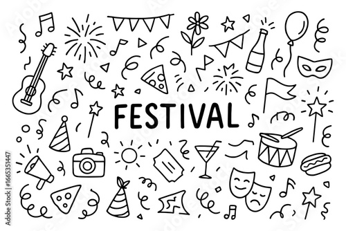 Celebration icons with music and food in doodle art style