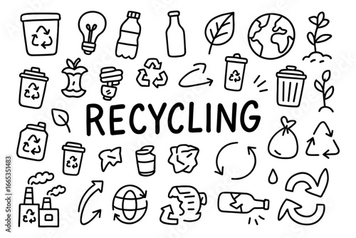 Doodle style recycling and eco-friendly icon set for sustainability concepts