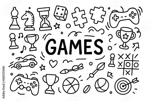 Doodle art of games: puzzle, chess, and sports icons in black and white