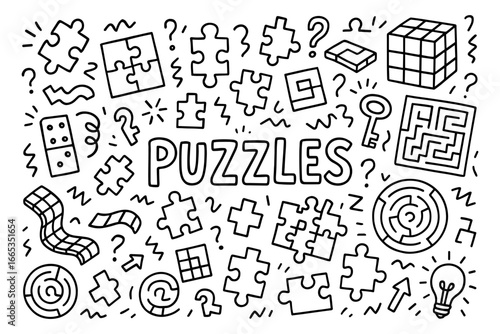 Hand drawn puzzle design elements with mazes and question marks