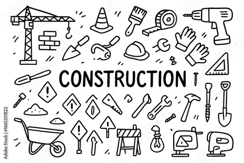 Hand-drawn construction tools and icons in black and white doodle style