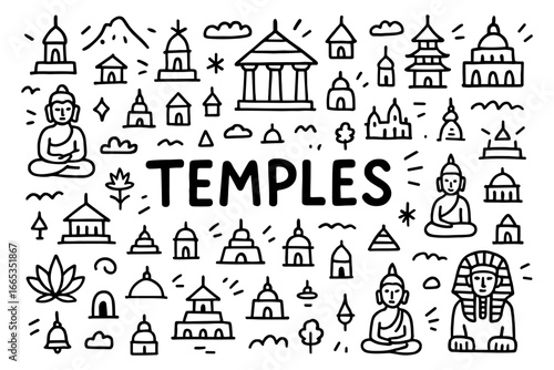 Hand drawn temple icons with buddha, pagoda, and lotus in doodle style