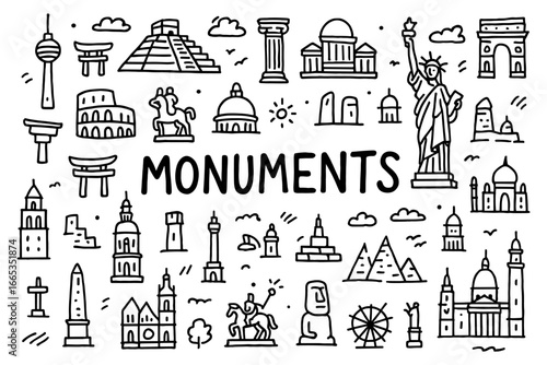 Hand drawn monuments collection featuring global landmarks and iconic structures