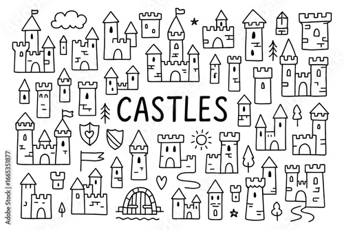 Hand drawn black and white castle doodles with decorative elements