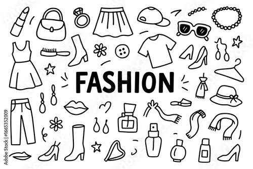 Trendy fashion doodles in black and white sketch style