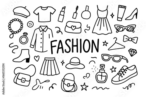 Trendy fashion doodles: clothing and accessories in black outline style