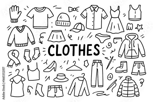 Casual clothing doodle set: t-shirts, pants, dresses, and more in hand-drawn style