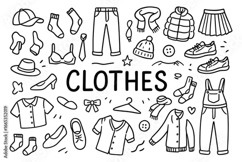 Hand drawn clothing collection with accessories in doodle style
