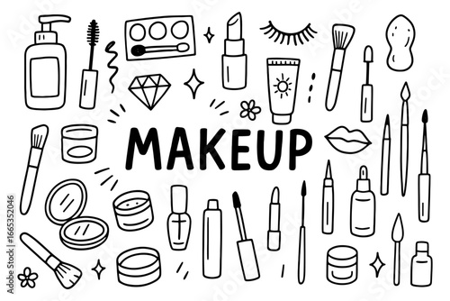 Hand-drawn makeup essentials set with sketch style beauty products and accessories
