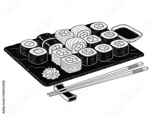 Japanese Sushi Set with Salmon, Avocado, and Wasabi on Black Slate Plate with Chopsticks and Soy Sauce.