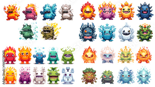 Set of cute colorful cartoon monsters with fantasy elements. Adorable creature characters in various styles, perfect for games, stickers, or kids’ design.