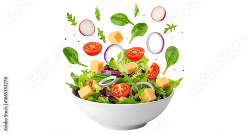 Fresh salad ingredients flying upwards from a white bowl isolated on transparent background