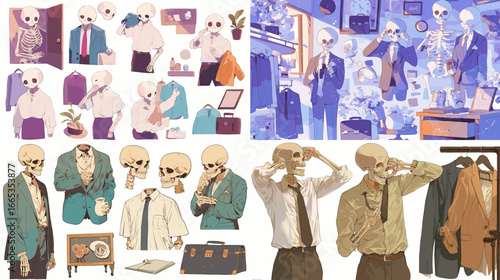 Creative illustrations of skeletons in office attire performing daily work tasks, symbolizing modern lifestyle, business stress, and surreal humor.