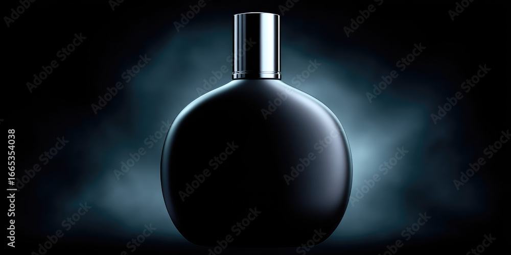 Obraz premium A sleek, round black perfume bottle stands against a misty background, emitting an aura of elegance and mystery. Concept: luxury, fragrance, elegance