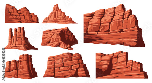 Collection of various red rock formations and cliffs in different shapes and sizes