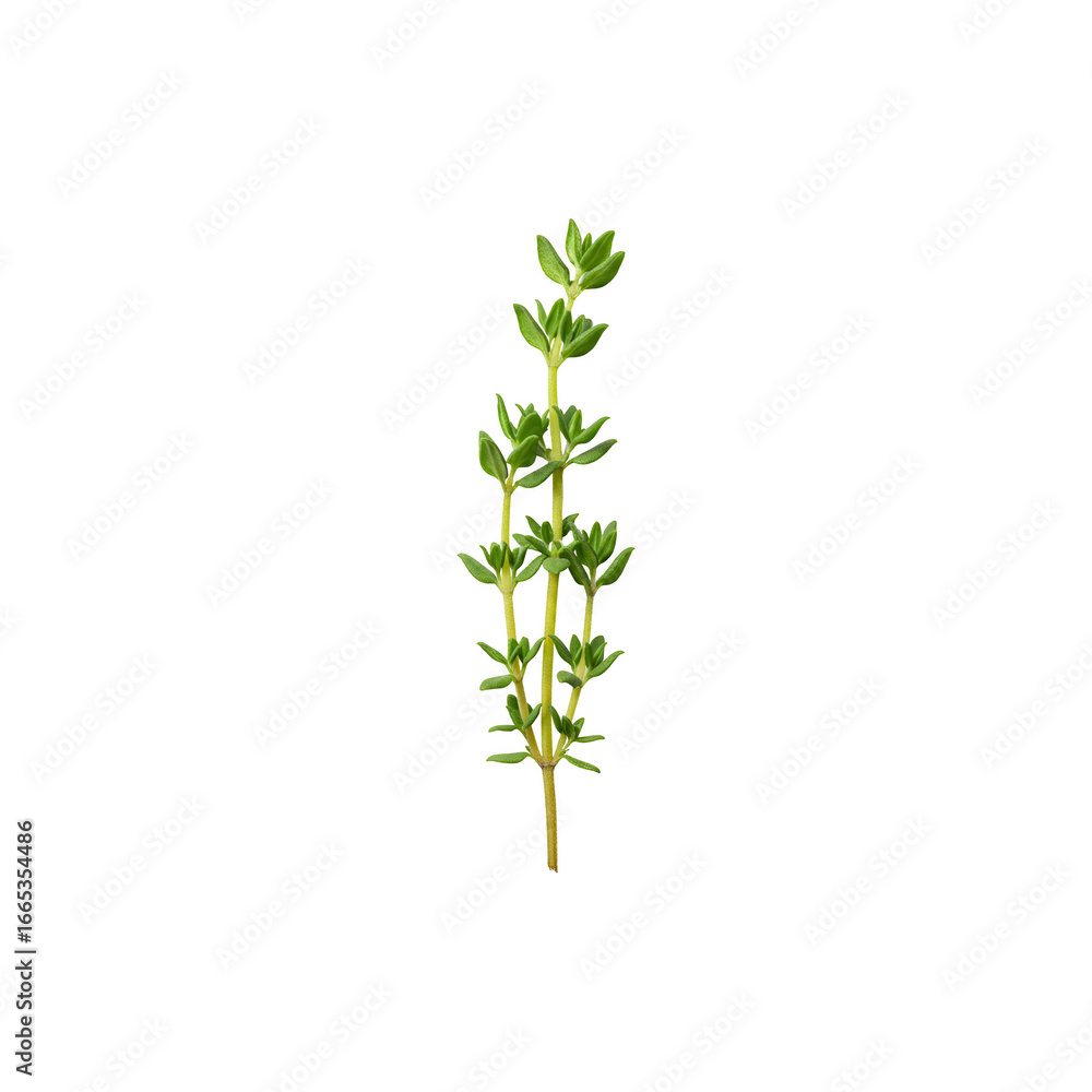 Fototapeta premium Fresh thyme herb sprig isolated on white backgroundsymbolizing cooking flavors, natural remedies, and grden plants