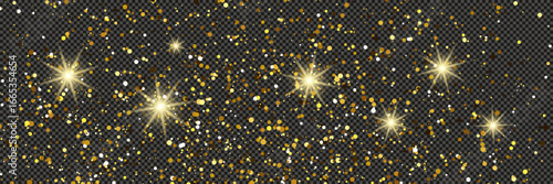 Gold glittering dust with stars on transparent backdrop