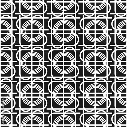 Seamless monochrome pattern with white geometric ornament on black background. Vector illustration