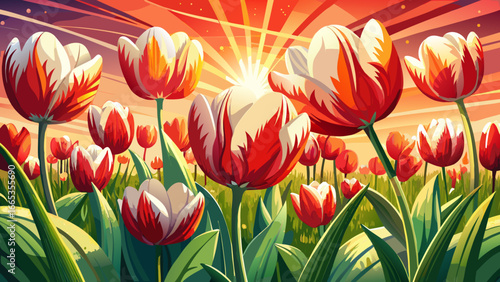 Close-up reveals vibrant red and white tulips blooming in radiant field, blossoms glowing under sunlight, timeless harmony whispers beauty, eternal spring inspires joy, serene landscape radiates peace