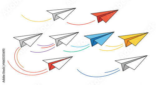 Colorful paper airplanes flying in different directions on a white background