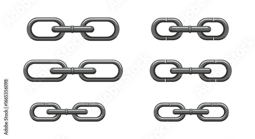 A collection of gray metal chain links on a white background