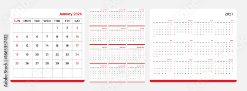 Monthly calendar layout for 2026 year. Diary planner for 2027 year