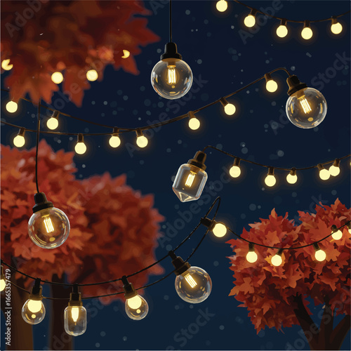 A stunning 3D render captures an enchanting autumn night, featuring warm string lights glowing amidst trees and fallen golden leaves, creating a beautiful and cozy atmosphere.