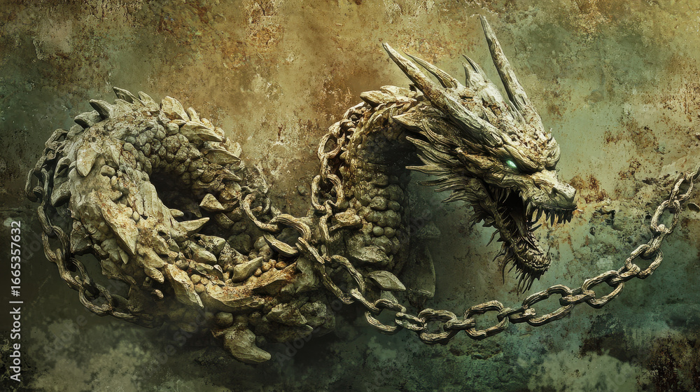 Obraz premium Undead dragon bound in enchanted chains, cursed to guard an ancient forgotten tomb for eternity —ar 16:9 