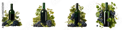 Four wine bottles with grapes and leaves, showcasing the beauty of vineyards and the art of winemaking isolated on transparent background