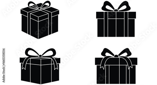 Black gift boxes with ribbons and bows in various views and styles