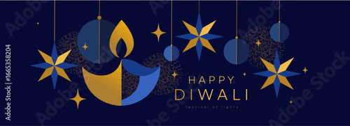 Happy Diwali. Indian festival of lights. Vector minimal abstract blue and gold illustration of fire, diya lamp, shining stars for greeting card, banner, poster or background