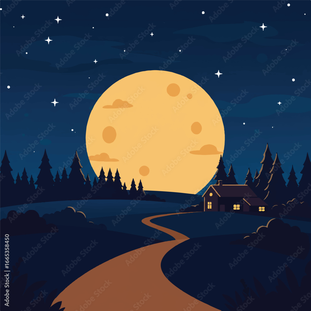 Naklejka premium Autumn night flat illustration showcasing a serene evening landscape under a crescent moon with vibrant falling leaves and subtle starry sky.