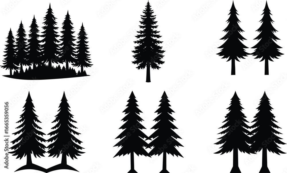 Fototapeta premium Vector art of assortment of pine tree silhouettes