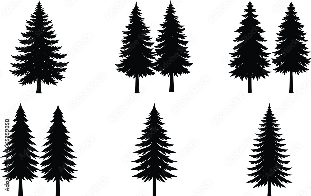 Obraz premium Vector art of collection of pine tree silhouettes