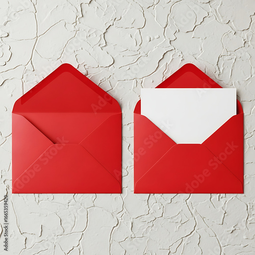 Two open red envelopes with white paper on a textured background