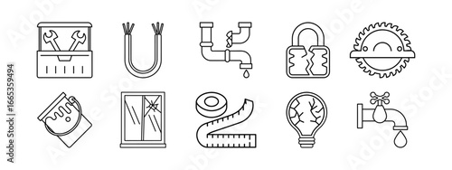 Outline icons of broken objects and repair tools. Includes cracked glass, bent nail, leaking pipe, broken padlock, measuring tape, light bulb and more.