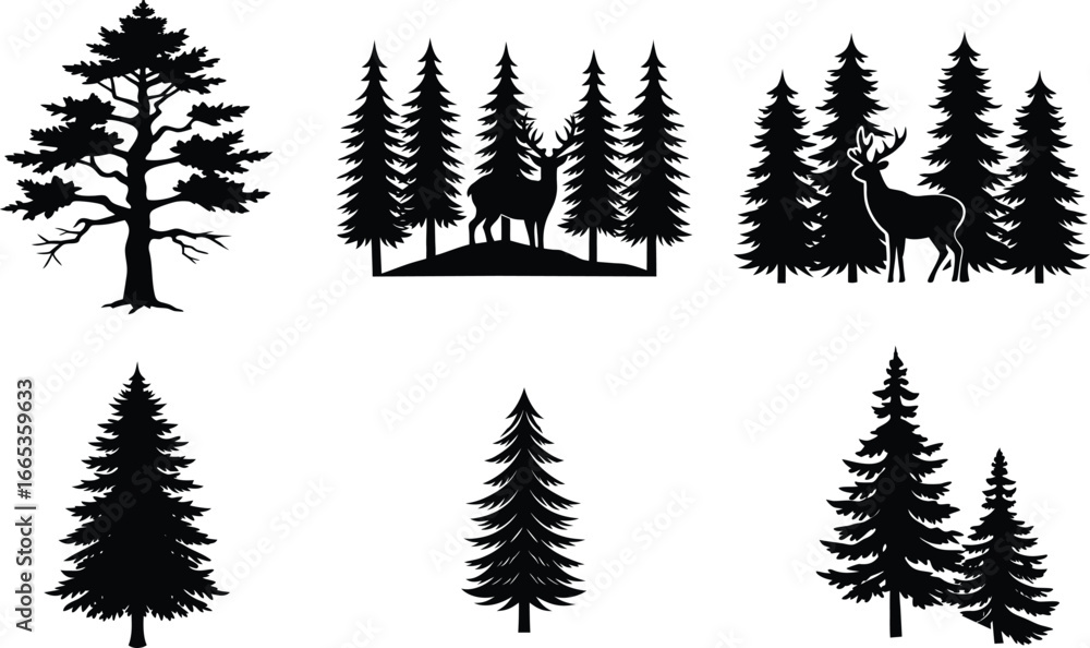Obraz premium Vector art of diverse black pine tree silhouettes with deer and mountains, some in circles, isolated on a transparent background