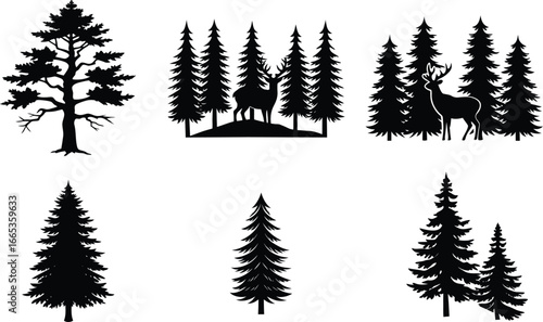 Vector art of diverse black pine tree silhouettes with deer and mountains, some in circles, isolated on a transparent background