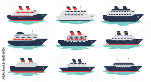 Collection of various cruise ships and ferries on calm waters